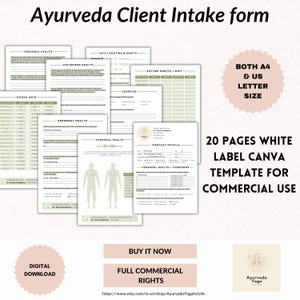 Formularz przyjęcia klienta Ayurveda | Licencja komercyjna | Prawa odsprzedaży | Biała etykieta | Szablon Canva | Dla praktyków Ayurvedy, terapeutów