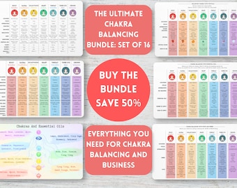 Chakra Balancing Bundle, Set of 16, Chakra poster, Chakra Guides - Herbs, Essential oils, Crystals, Hand Mudras, Wall Decor, Client Intake