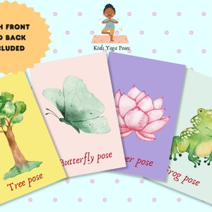 Voor- en achterkant Kinderyogahoudingen, Gekleurde Yoga Flashcards, Bewegingsactiviteit voor kinderen, Yogakaarten, Yoga voor kinderen, Mindfulness-activiteit voor kinderen