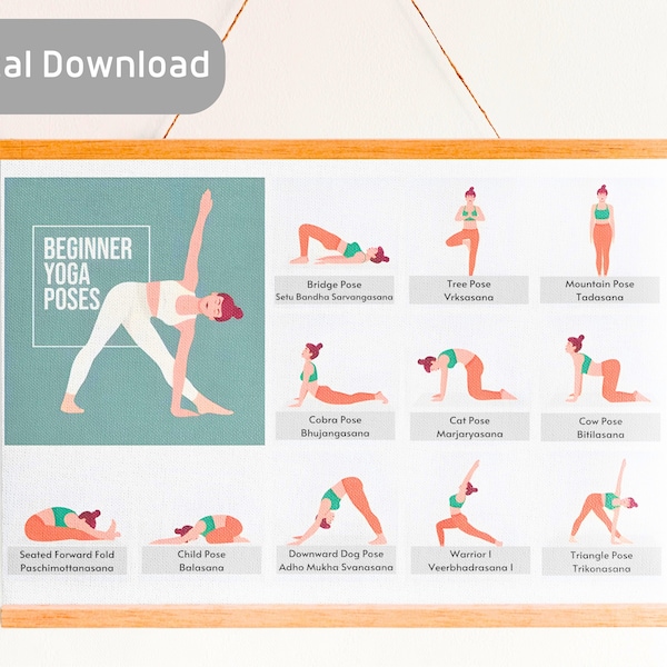 Beginner Yoga Routine Printable, Yoga poses poster, Yoga wall art, Yoga Studio Decor, Yoga poses illustrations pdf