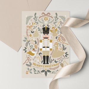 Cartão de Natal para impressão, Cartão de Natal quebra-nozes, Cartão para impressão, Cartão de felicitações, Cartão digital, Bege, Impressão digital, Feliz Natal