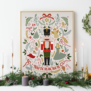 Puede incluir: Una ilustración colorida de El Cascanueces, con un soldado cascanueces con uniforme rojo y dorado, rodeado de elementos festivos como bastones de caramelo, copos de nieve y árboles de Navidad. El texto "THE NUTCRACKER" y "Pyotr Ilyich Tchaikovsky" está incluido.