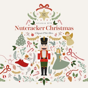 Könnte beinhalten: Festliche Illustration mit Weihnachtsmotiv, mit Nussknacker, Engel und Ballerina, angeordnet in Form eines Weihnachtsbaums. Das Design enthält den Text "Nutcracker Christmas" und "Clipart PNG files". Die Farbpalette umfasst Rot, Grün, Gold und Creme.
