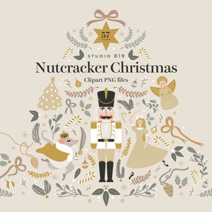 Könnte beinhalten: Ein Set mit 57 Nussknacker-Weihnachts-Clipart-Bildern im PNG-Format. Die Bilder zeigen einen Nussknacker, eine Ballerina, eine Maus, einen Weihnachtsbaum, Zuckerstangen, Stechpalme und andere festliche Elemente in einem gold-grünen Farbschema.