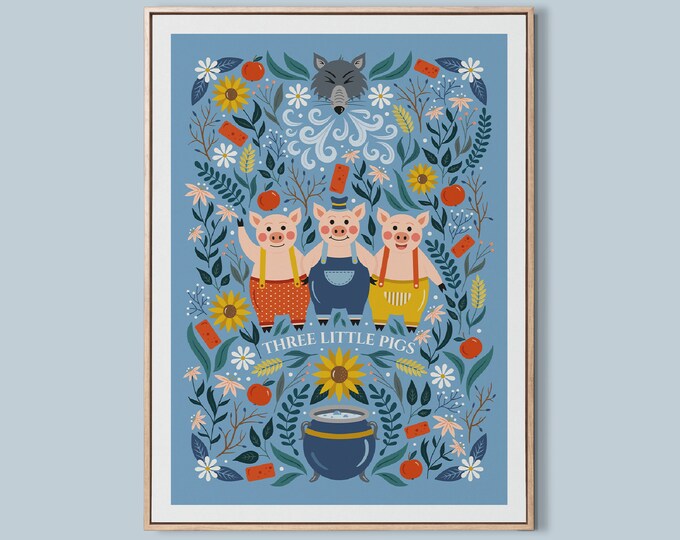 Three Little Pigs Print, Illustration Wall Art, Fairytale Art Print ...