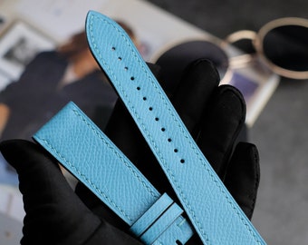 French Baby Blue Leather Watch Strap, Handcrafted Watch Strap, Engraved Watch Band, Apple Watch Strap,  18mm 19mm 20mm 22mm Watch Strap