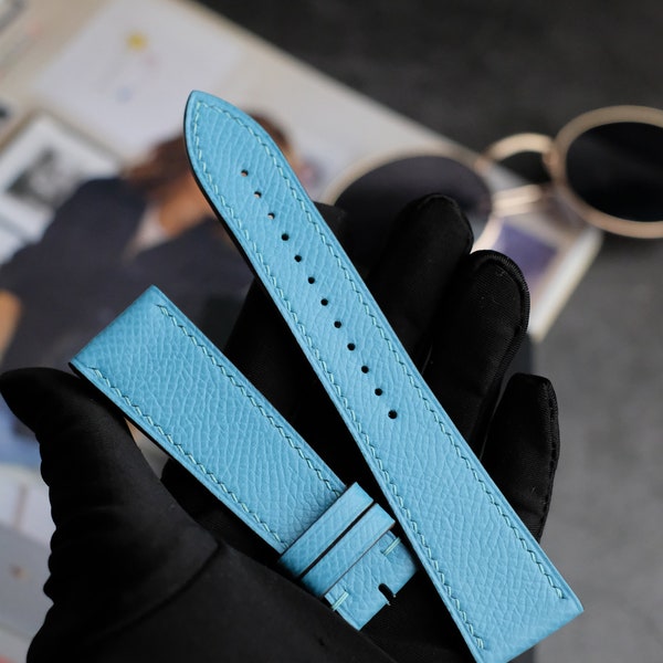 French Baby Blue Leather Watch Strap, Handcrafted Watch Strap, Engraved Watch Band, Apple Watch Strap,  18mm 19mm 20mm 22mm Watch Strap