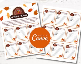 Editable Thanksgiving Gobble Gram | Candy Grams for School Fundraiser | Printable Turkey Grams | Thankful Grams for Church, Sports, Music