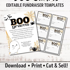 Flyer modifiable de collecte de fonds Boo Grams | Collecte de fonds d'Halloween | Cartes fantômes d'Halloween | Collecte de fonds pour l'APE | Cartes gourmandes d'Halloween