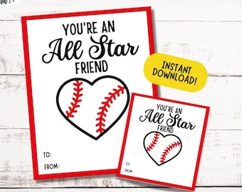 May include: Two printable Valentine's Day cards with a baseball heart design. The text on the cards reads "You're an All Star Friend".