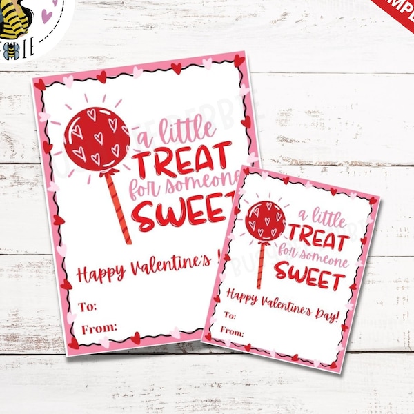 Valentine's Day Card | A Little Treat For Someone Sweet | Sucker Lollipop Valentine Treats for Kids | Editable Valentine Card or Gift Tag