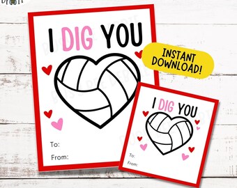 Volleyball Printable Valentine's Day Cards | Valentine Kids Sports Cards | Volleyball Heart Gift Tags | Volleyball Team | Valentine Treats