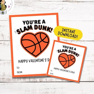 Valentine&#39;s Day Card | Basketball Valentine&#39;s Day Card | Slam Dunk Valentine Gift Tags | Sports Theme Cards for Kids or Basketball Team