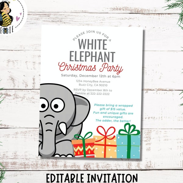 Editable White Elephant Christmas Party Invite | Holiday Invitation Template | Office Staff Party Invite | Printable Holiday Party Flyer