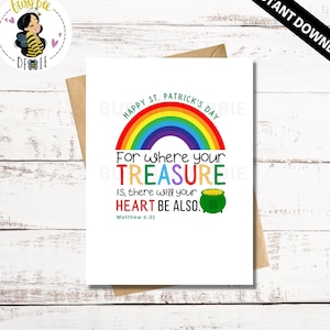 Christian KJV Bible Verse St. Patricks Day Card | Printable Scripture St. Patricks Day Rainbow and Pot of Gold Card | Scripture Card