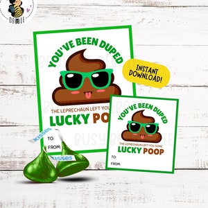 May include: Two printable St. Patrick's Day gift tags featuring a cartoon poop emoji wearing sunglasses. The text on the tags reads "You've Been Duped" and "The Leprechaun Left You Some Lucky Poop".