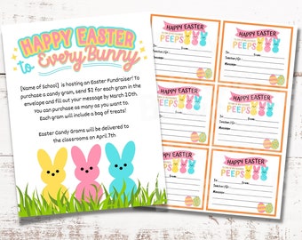 Bewerkbare flyer met paassnoep | Sjabloon PTO/PTA-schoolinzamelingsactie | Inzamelingsactie voor gram paaseieren met snoep voor elk konijn | Paaspoppetjes