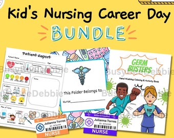 May include: A printable bundle for kids interested in nursing careers. The bundle includes a patient report form, a "Germ Busters" coloring book, and a nurse ID badge template. The coloring book features a cartoon nurse and a cartoon character fighting germs.