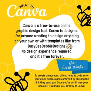 May include: A yellow and white graphic with a bee illustration and text that reads "WHAT IS Canva" and "Canva is a free-to-use online graphic design tool. Canva is designed for anyone wanting to design anything on your own or with templates like from BusyBeeDebbieDesigns. No design experience required, and it's free forever. How Canva Works To create an account, all you need to do is enter your email address and confirm it by clicking the link they send you. Once you've confirmed your account, it will take you directly to Canva."