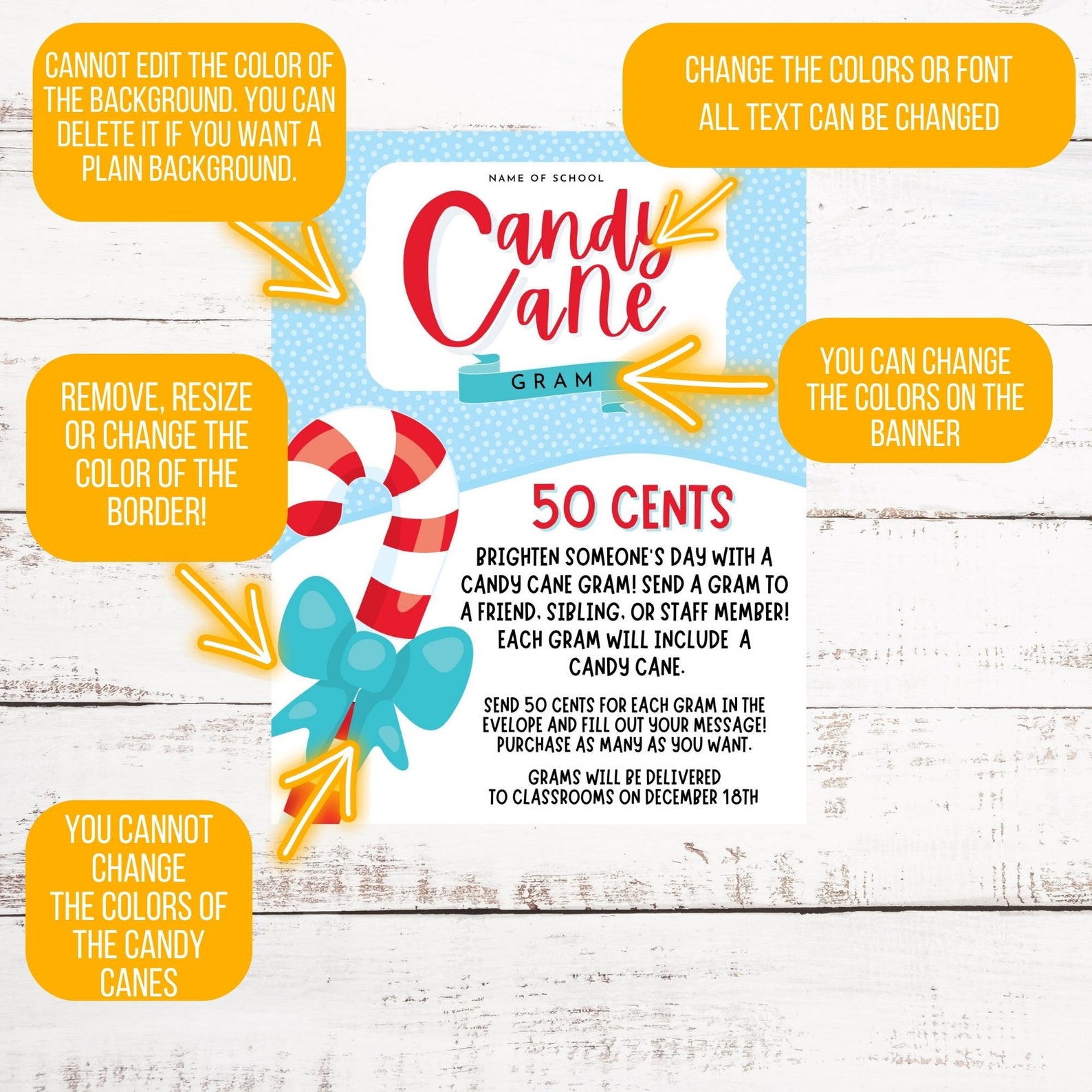 Printable Christmas Candy Cane Gram School Fundraiser Winter Etsy