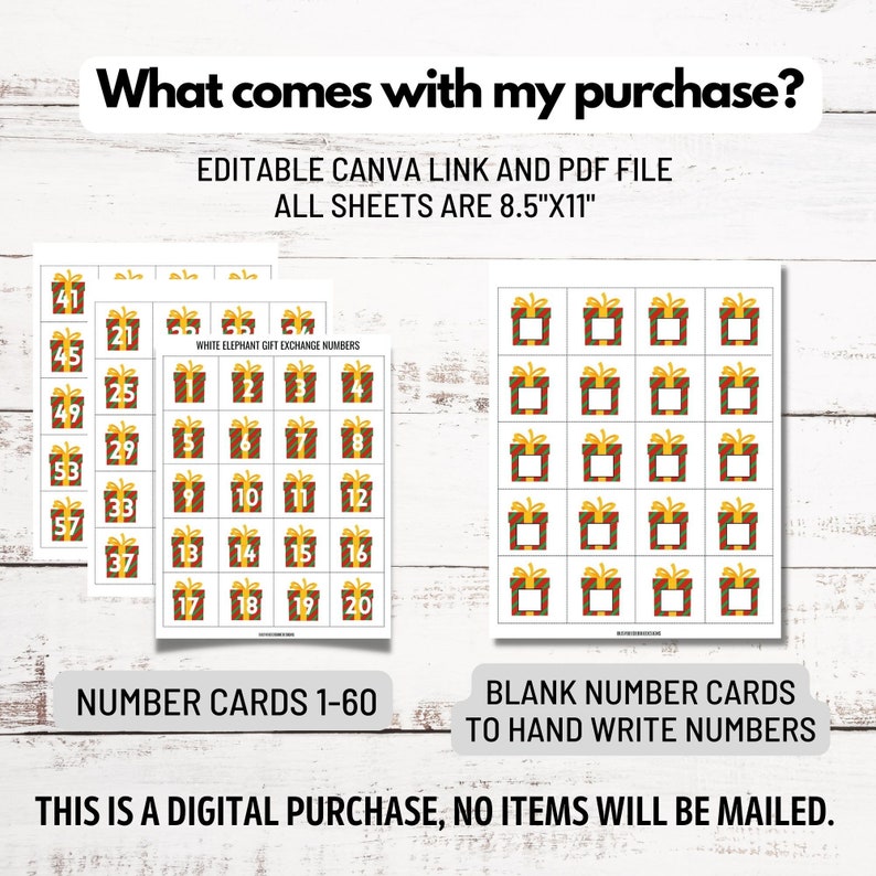 White Elephant Gift Exchange Printable Numbers Editable - Etsy