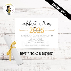 May include: Editable graduation party invitation card with a gold and black colour scheme. The card features the text "celebrate with us - class of 2025" and details for the party, including the date, time, location, and contact information.