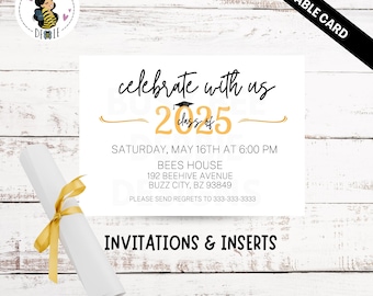 May include: Editable graduation party invitation card with a gold and black color scheme. The card features the text "celebrate with us - class of 2025" and details for the party, including the date, time, location, and contact information.