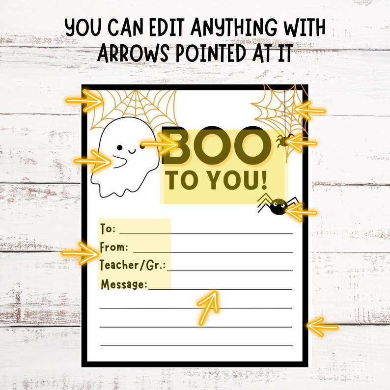 May include: A printable Halloween card with a ghost and spider illustration. The card says "BOO TO YOU!" and has space to write "To:", "From:", "Teacher/Gr.:", and "Message:".