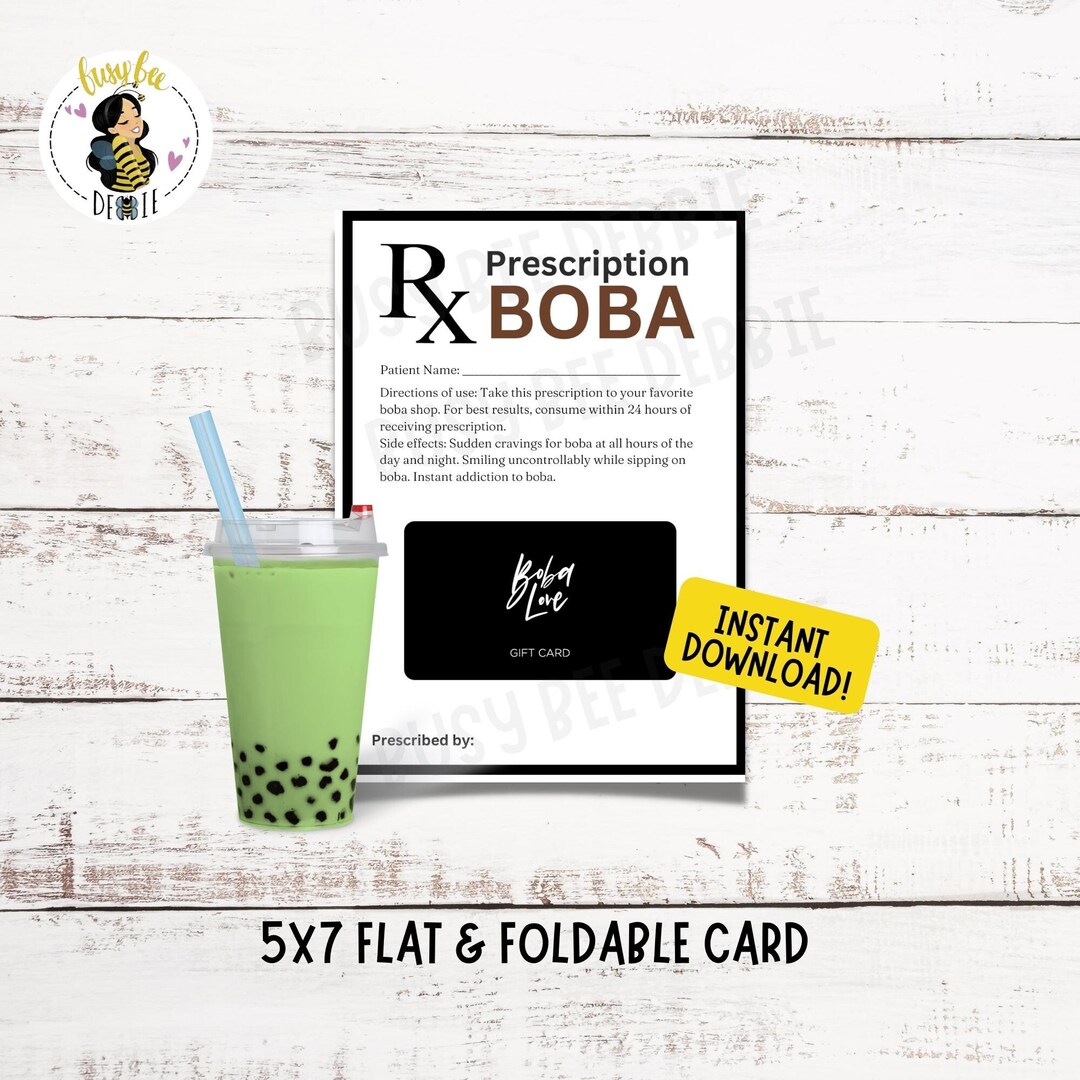Printable Boba Gift Card Holder Card Boba Prescription Card for