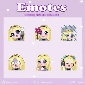 May include: Digital art graphic with six emotes of a blonde character. The emotes show different expressions and actions: waving, holding a flower, crying under an umbrella, looking shocked, drinking, and listening to music. Text includes "Emotes" and platform names.