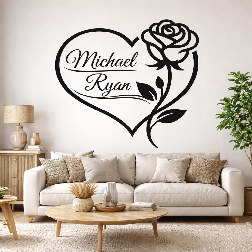Personalized Couple Heart Rose Name Sign Metal Wall Art Custom Romantic ...