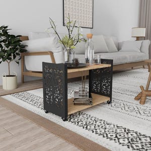 Decorative Rolling Cart with Laser Cut Metal Sides, Wood Shelf, Utility Storage Cart on Wheels, Mobile Bookshelf for Home Office
