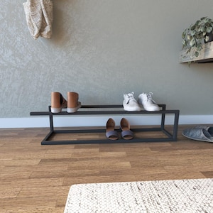 Freestanding Black Metal Shoe Rack – Minimalist Industrial Design – Floor Shoe Organizer for Entryway, Closet or Hallway Storage.