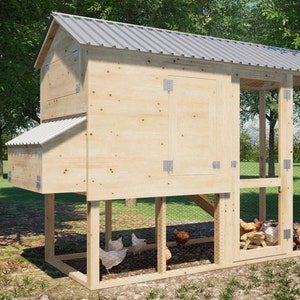 May include: A wooden chicken coop with a metal roof, raised on legs, and a fenced-in run. The coop has a nesting box and a door for access. There are chickens inside the run.