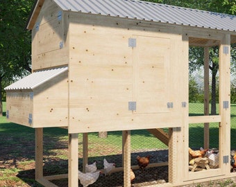 Puede incluir: Un gallinero de madera con techo de metal, elevado sobre patas y con un corral cercado. El gallinero tiene una caja de anidación y una puerta de acceso. Hay gallinas dentro del corral.