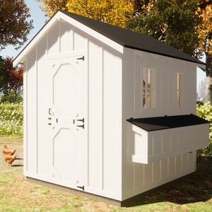 May include: White wooden chicken coop with a black roof, a single door, and two windows. The coop is in a grassy yard with a few chickens walking around.
