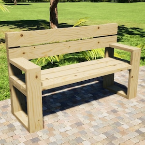 Outdoor Bench Plans 60x19 in - DIY Garden Bench with Backrest and Armrest
