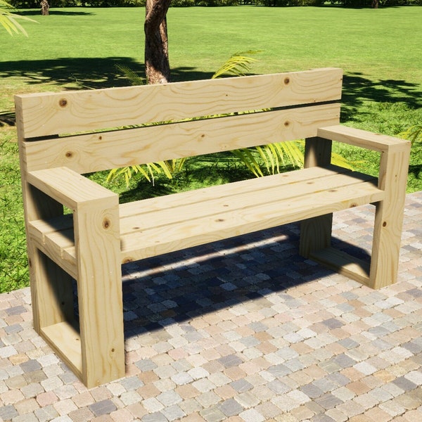 Outdoor Bench Plans 60x19 in - DIY Garden Bench with Backrest and Armrest