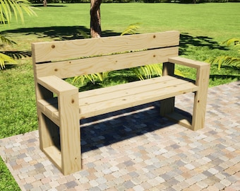 Outdoor Bench Plans 60x19 in - DIY Garden Bench with Backrest and Armrest