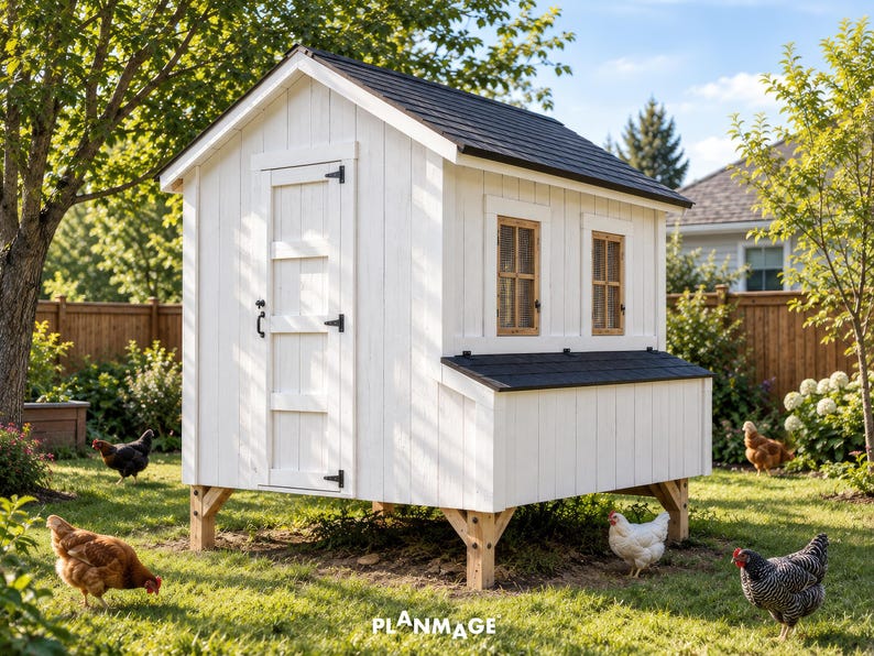 3D rendering of a large 8x8 foot wooden chicken coop situated in a bright backyard, comfortably sized to house a flock of up to 20 chickens. The exterior features a durable pitched roof, large wire mesh ventilation windows, and sturdy framed walls. This printable PDF digital download by Planmage provides backyard homesteaders with a highly practical, predator-proof outdoor poultry housing solution that looks beautiful and is easy to construct using standard dimensional lumber.