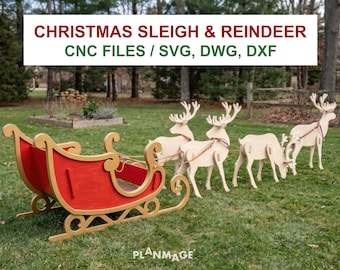 Conjunto de trineo y renos navideños de tamaño real (archivos para fresadora CNC: dwg, dxf, svg)
