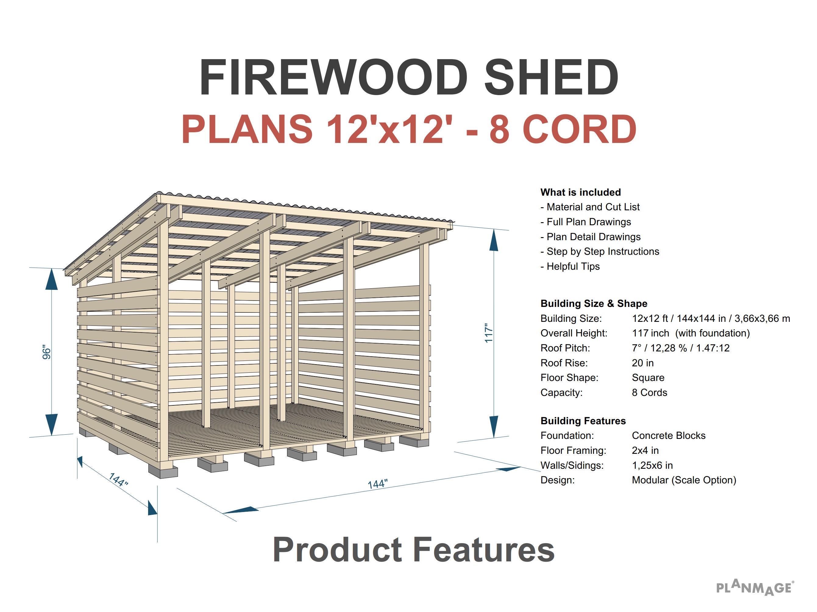 Firewood Shed Plans 8 Cord - DIY 12x12 Ft Woodshed - Etsy, image size:2681x2008