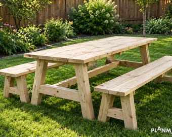 Bouwtekeningen voor een picknicktafel in boerderijstijl 96 x 39 inch: DIY tuintafelset (PDF)