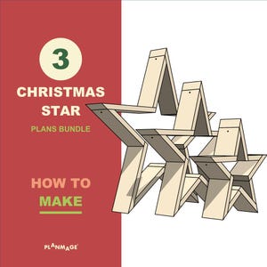 Könnte beinhalten: Ein Satz mit drei Plänen zum Bau eines Weihnachtssterns aus Holz. Die Pläne sind mit "3 Christmas Star Plans Bundle" und "How to Make" betitelt.