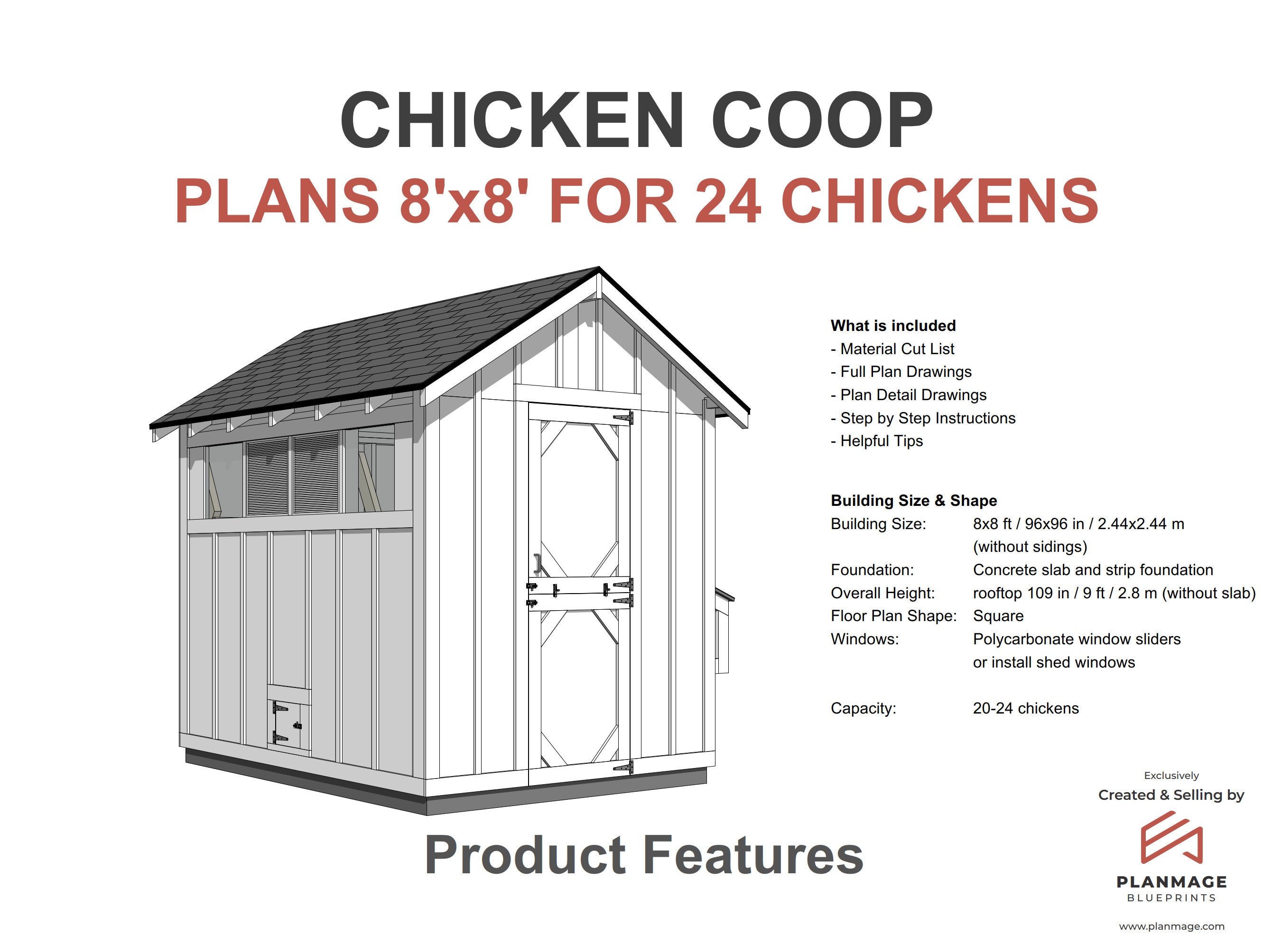 Chicken Coop Plans 8x8 for 24 Chickens DIY Download PDF Plans Etsy