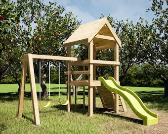 Outdoor Playhouse Plans 6x16 ft with Slide, Climbing Wall and 2 Swings - DIY Instructions