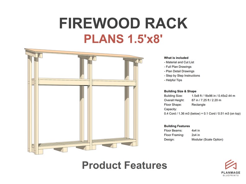Firewood Rack Plans 1.5x8 Ft DIY Wood Shelf Etsy