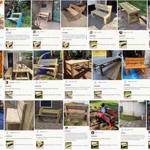 Collage of 5-star customer reviews and finished DIY outdoor furniture projects. Woodworkers love our digital PDF plans for their clarity, accuracy, and ease of use. Whether building a heavy-duty picnic table or a relaxing garden bench, these step-by-step blueprints offer beginner-friendly instructions and exact cut lists. Download your woodworking plans instantly and see why buyers trust our designs to easily upgrade their patio and backyard spaces.