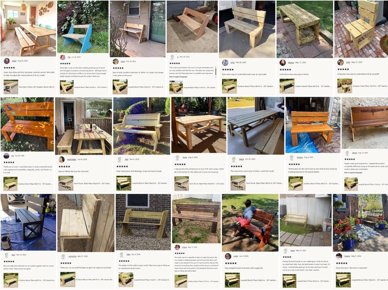 Collage of 5-star customer reviews and finished DIY outdoor furniture projects. Woodworkers love our digital PDF plans for their clarity, accuracy, and ease of use. Whether building a heavy-duty picnic table or a relaxing garden bench, these step-by-step blueprints offer beginner-friendly instructions and exact cut lists. Download your woodworking plans instantly and see why buyers trust our designs to easily upgrade their patio and backyard spaces.