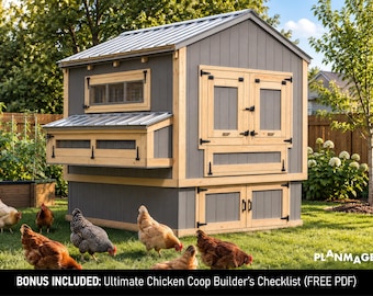 8x8 Chicken Coop Plans, Deep Litter Method, Easy-Clean Door (PDF)